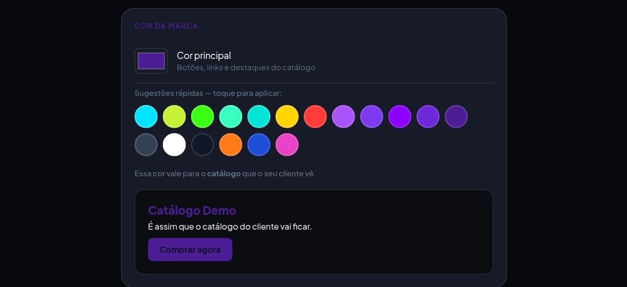Tela do painel para escolher a cor da marca, com prévia do catálogo ao vivo