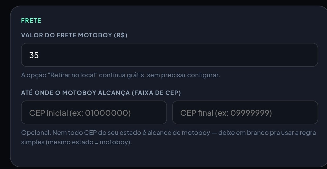 Tela do painel configurando o frete de motoboy por faixa de CEP