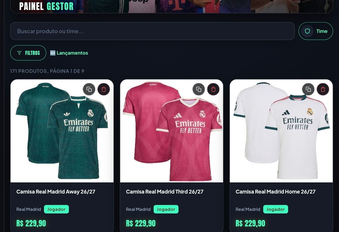 Lista de produtos no painel, com 171 camisas cadastradas prontas para editar