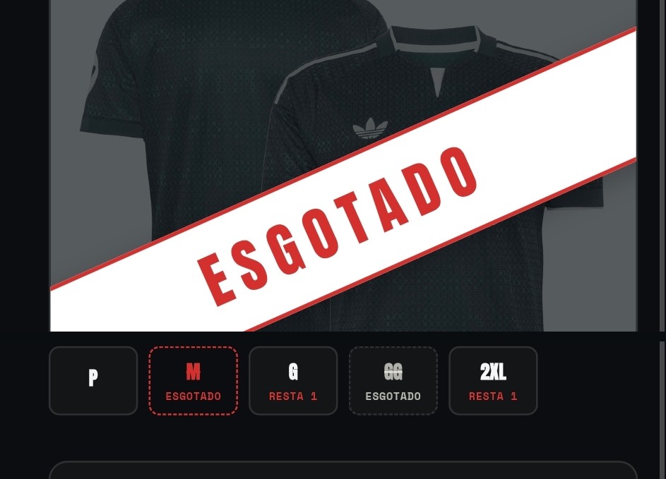 Camisa esgotada com faixa vermelha e tamanhos marcados como Esgotado ou Resta 1