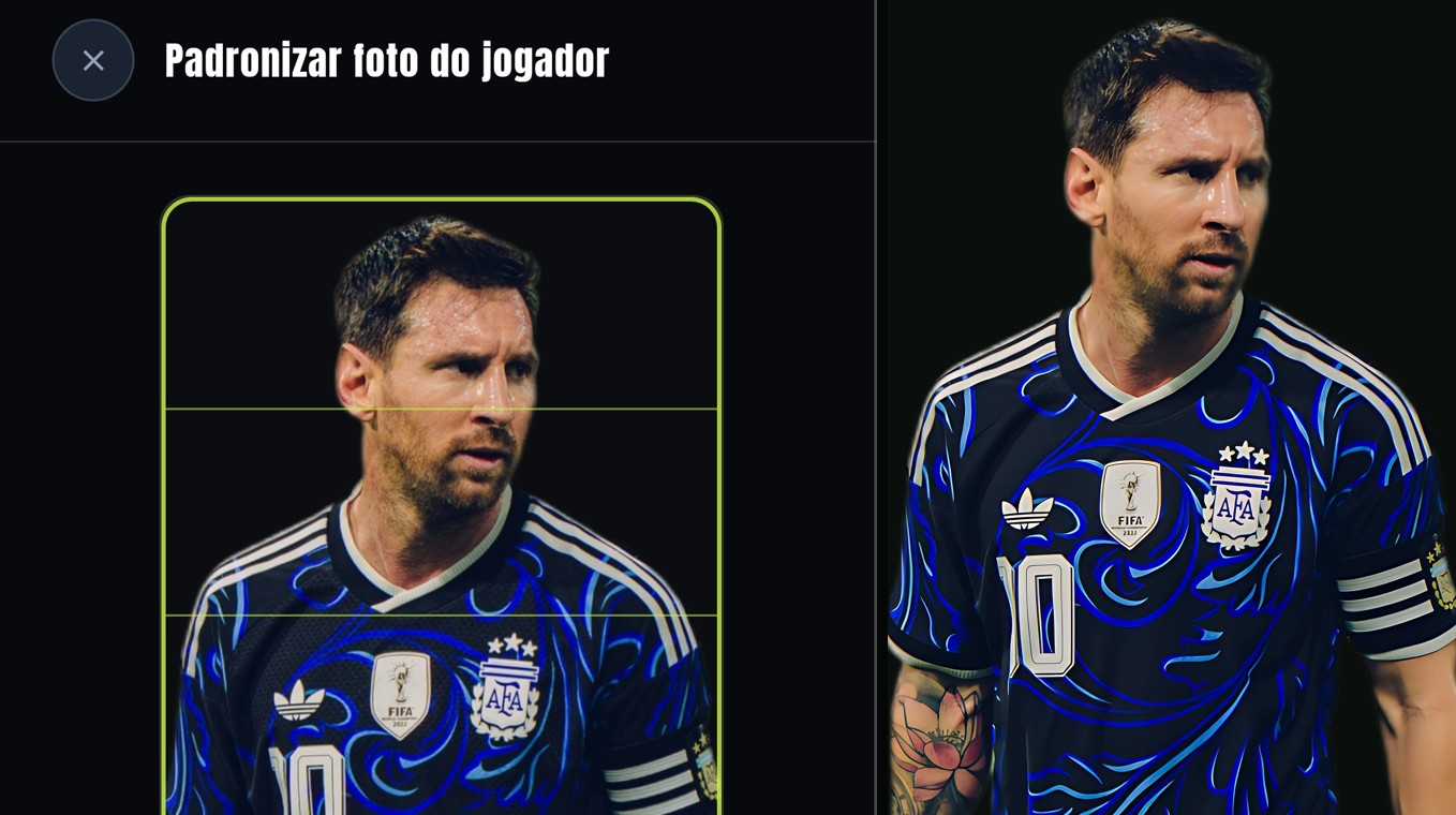 Ferramenta do painel removendo o fundo da foto do jogador, antes e depois