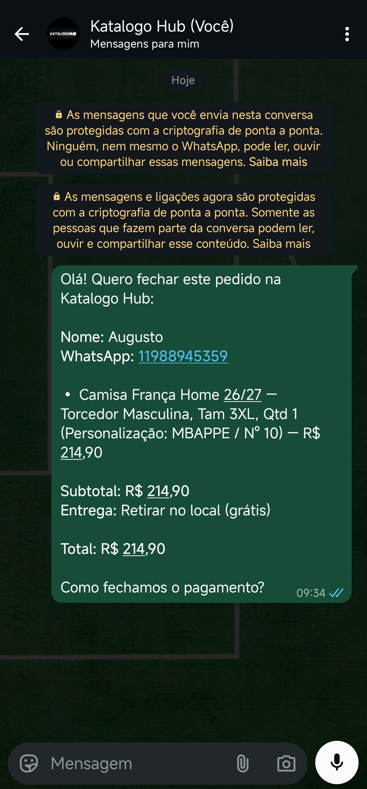 Pedido chegando organizado no WhatsApp, com item, subtotal e total